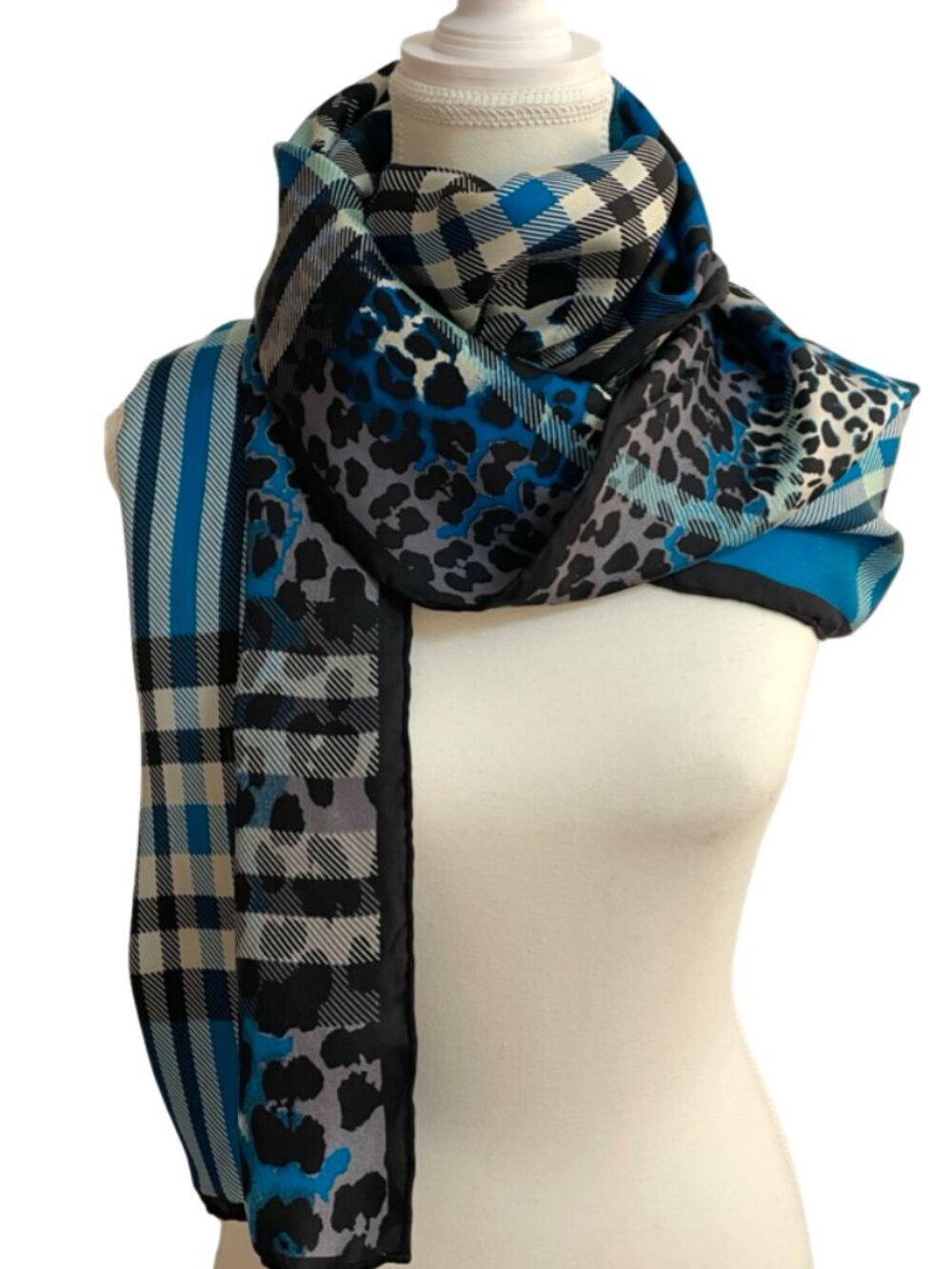 Lord & Taylor Silk Scarf Blue Plaid Leopard Print 68” x 13” Hand Rolled
